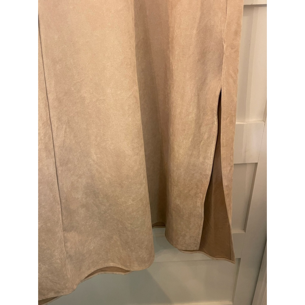 Boston Proper Draped Ruched Maxi Dress Tan Suede Look Size 12 Short Sleeve 54” L - Picture 5 of 11